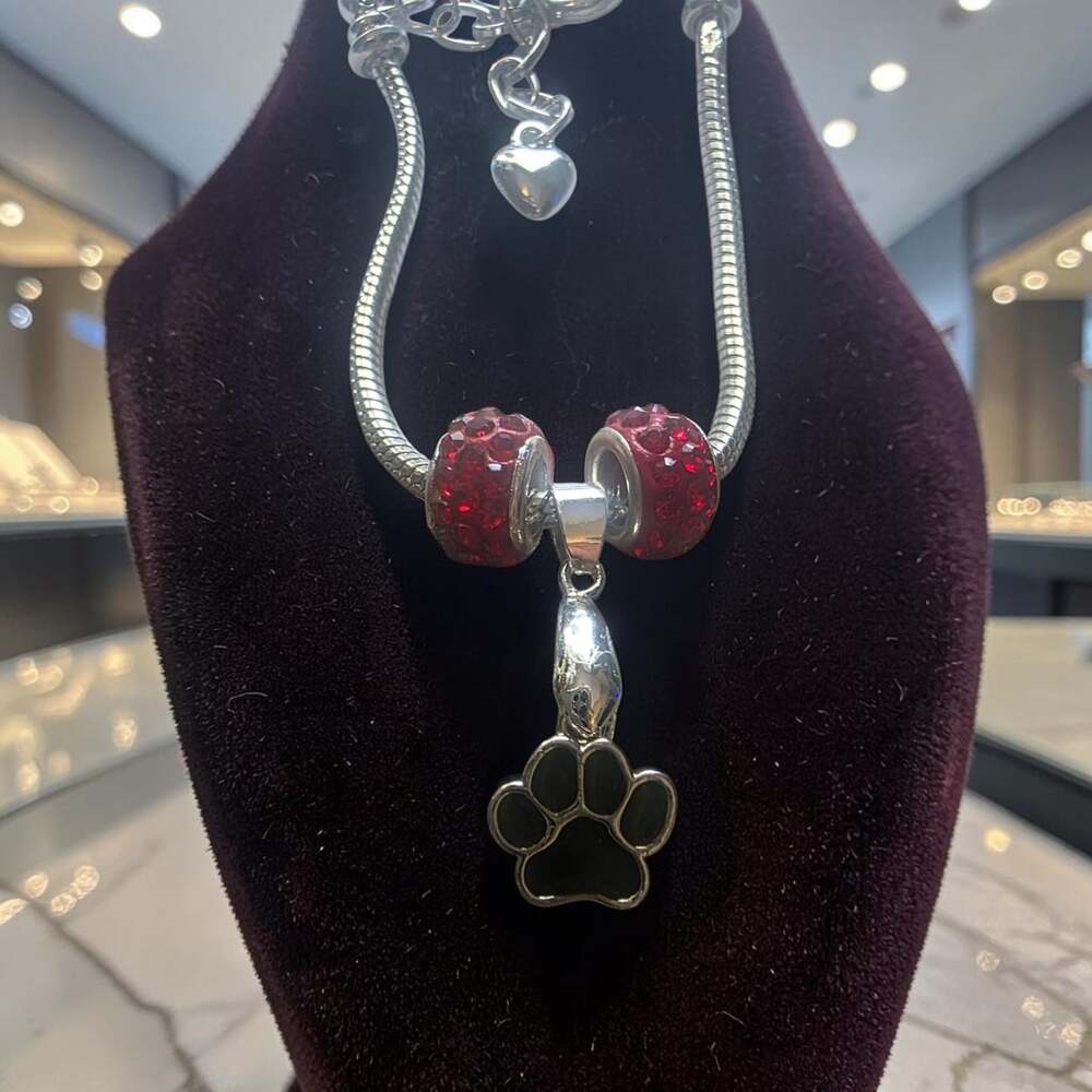 Silver Snake Chain Charm Bracelet Red Crystal Beads and Black Enamel Paw Print